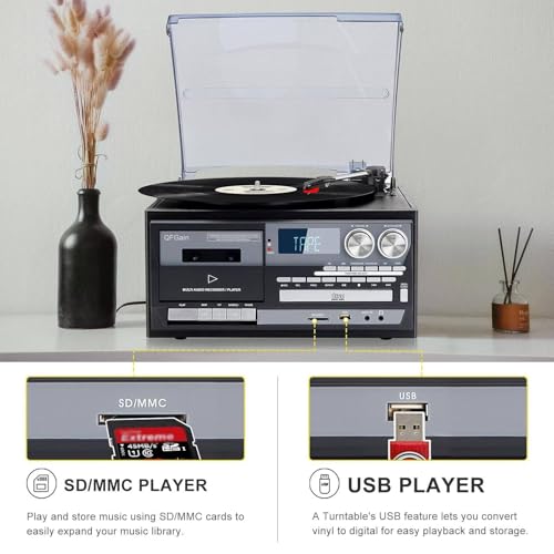 Giradischi Bluetooth con altoparlanti integrati, lettore di dischi in vinile a 3 velocità, riproduzione di CD e cassette, copertura antipolvere satinata, rumore ridotto per l'audio domestico