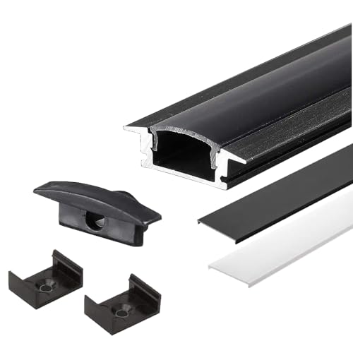 ENERGMiX Perfil de aluminio para LED de 2 m, color negro, riel en T, sistema de canal para tiras LED, incluye 2 cubiertas de perfil D-S