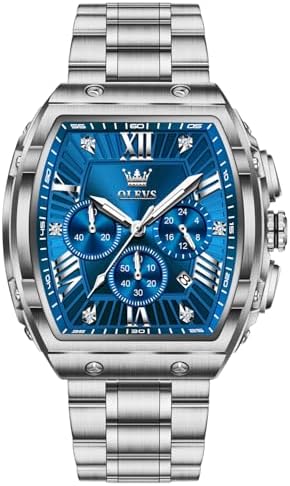 OLEVS Mens Dress Watches Silver Large Square Dial Luxury Classic Men's Wrist Watches Casual Original Waterproof Stainless Band Chronograph Watches for Men Elegant Adjustable Fashion Quartz Men Watch
