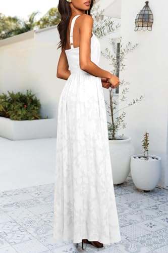 MITILLY Women's Summer Dresses 2025 Boho Halter Neck Sleeveless Smocked Floral Backless A Line Flowy Maxi Dress with Pockets3