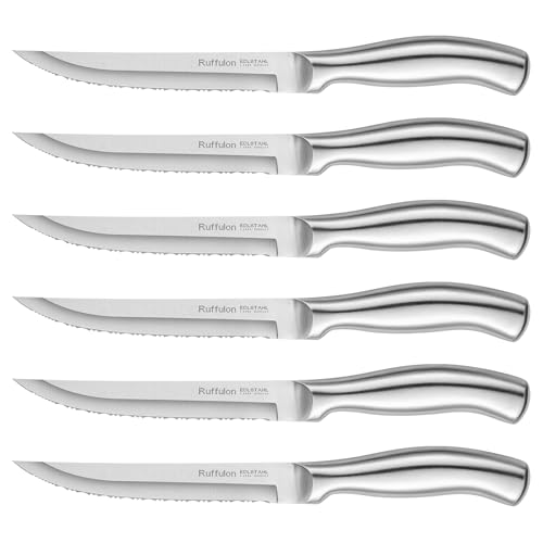 Ruffulon Couteau à Steak, 6 couteaux à steak en acier inoxydable, ensemble de couteaux à steak dentelés, couverts à steak de cuisine, passe au...