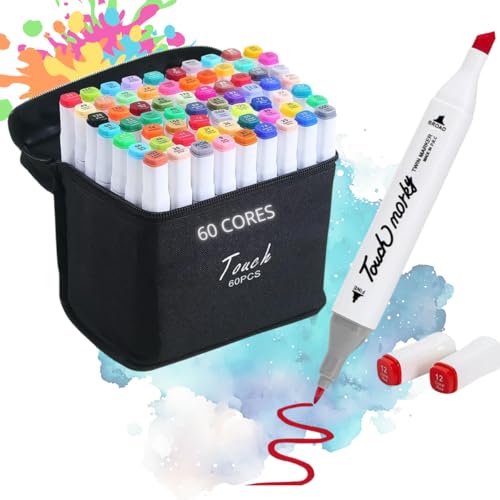Caneta Marcador Touch 60 Cores com Estojo Portátil e Ponta Dupla - Perfeito para Pintura, Mangá, Desenho Artístico e Colorir