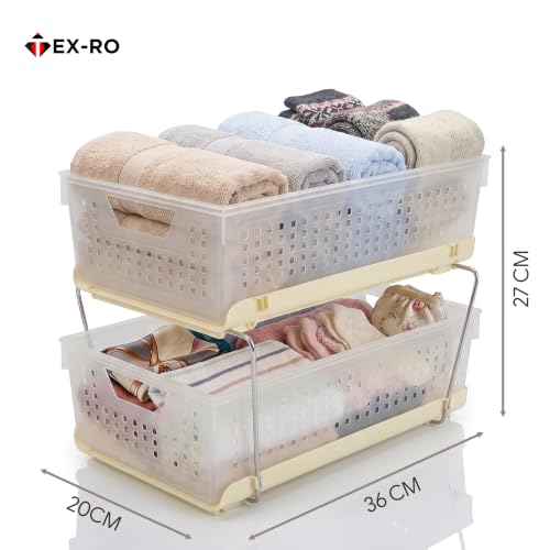 Image of TEX-RO Stackable Storage Baskets Organizer - 2 Tier Multipurpose Plastic Storage Rack with Stainless Steel Support Rods for Bathroom, Vanity, Wardrobe & Under Sink Storage (Clear /Beige)