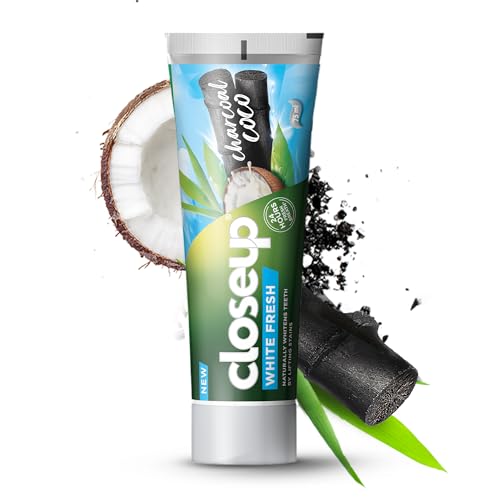 Closeup White Fresh Toothpaste Charcoal Coco naturally whitens teeth by lifting stains 75ml