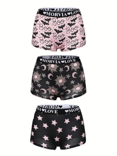 Morvia 3pcs Women Gothic Halloween Skulls Print Contrast Binding Boyshorts Underwear Elastic Waist...