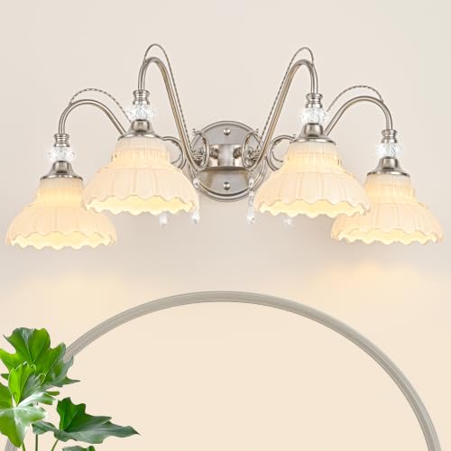 Image of Brushed Nickel Bathroom Vanity Light, 4-Light Nickel Finish Wall Sconce with Hanging Crystal Accents and Flower-Shaped White Glass Shades, Modern Wall Mount Vanity Light Over Mirror for Bathroom