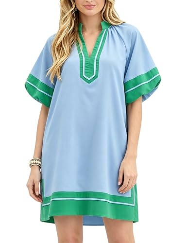Image of Esmeling Women's Color Block Pullover Dress V-Neck Puff Sleeve Dress Mini Shirt Dress with Pockets