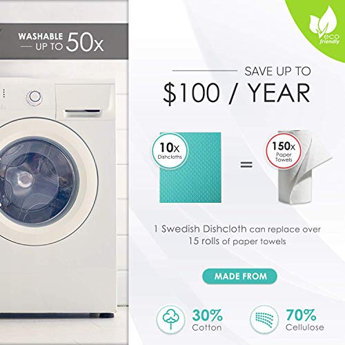 Swedish Dishcloth Cellulose Sponge Cloths - Bulk 10 Pack of Eco-Friendly No Odor Reusable Cleaning Cloths for Kitchen - Absorbent Dish Cloth Hand Towel (10 Dishcloths - Assorted)