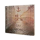  elbPLANKE Holzbild KEEP CALM and SAY MOIN - Speicherstadt 10x10 cm - Holzbilder zum aufstellen und hinhängen - 100% Handmade