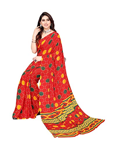 Image of Yashika Women's Red Polka Printed Georgette Saree with Blouse Piece(BUBBLES RED Free Size)