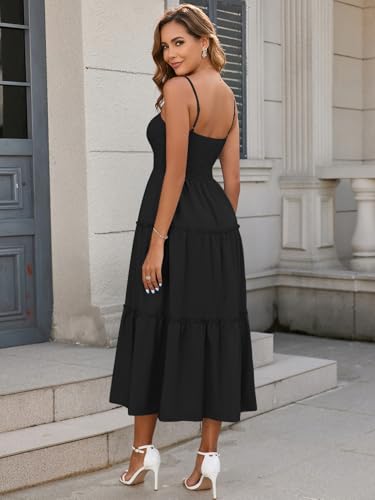 Image of EYNMIN Women's Summer Midi Dress Casual Boho Beach Sundress Spaghetti Strap Sleeveless Smocked Flowy A-Line Dresses