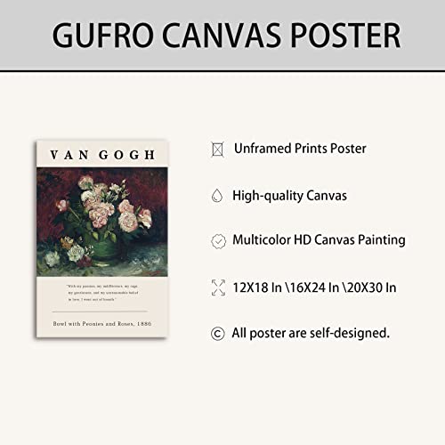 Gufro Van Gogh Canvas Wall Art Posters - Bowl With Peonies And Roses By Van Gogh, Famous Impressionism Prints Artwork,Van Gogh Poster Print ,Museum Poster For Living Room, Bed Room, Office Home Decoration- 16X24In Unframed #TOP1