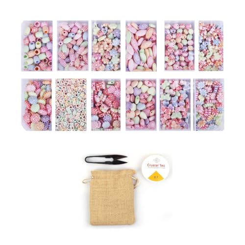 Image of ambitieux 12 Types of Dual Shade Colorful 900+ pcs of Plastic Beads with Elastic,Jute Bag and Thread Cutter - Perfect for Crafting (Kids Bracelet Kit)