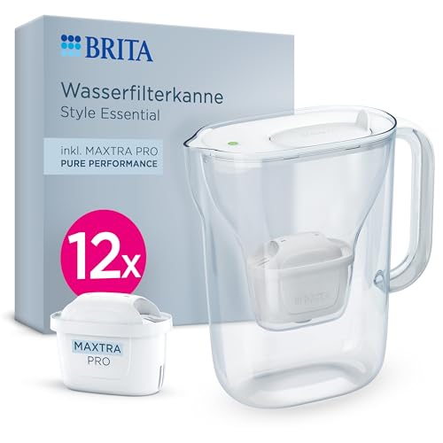 BRITA Wasserfilter Kanne Style Essential weiß (2,4l) inkl. 12x BRITA MAXTRA PRO Pure Performance – Kühlschrankgeeignete Kanne mit Smart Light LED & Klapp-Deckel, filtert Verunreinigungen & mehr