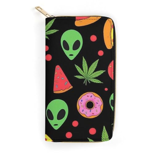 Women's Travel Zipper Purse Fashion Design, Huge Storage Capacity Purse, Cute Decor Wallet, Long PU Wallet Alien Donut Pot Leaf Weedleaf Pizza Black