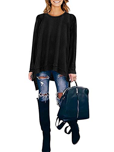 ANRABESS Women Waffle Knit Tunic Tops Casual Oversized Long Sleeve Crewneck Sweaters Shirt A138hei-S Black