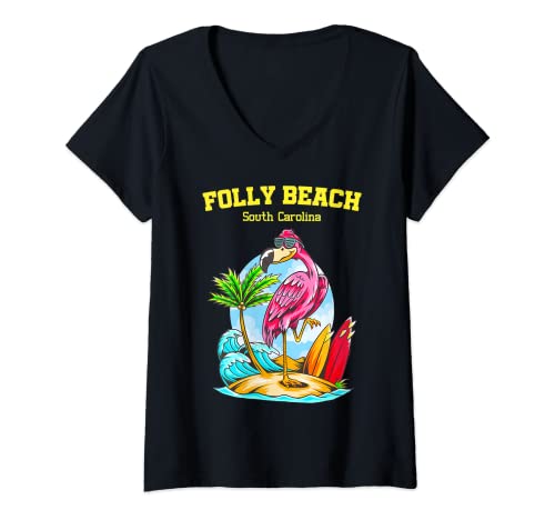 Donna Folly Beach Flamingo Oceano Onda Surf Maglietta con Collo a V