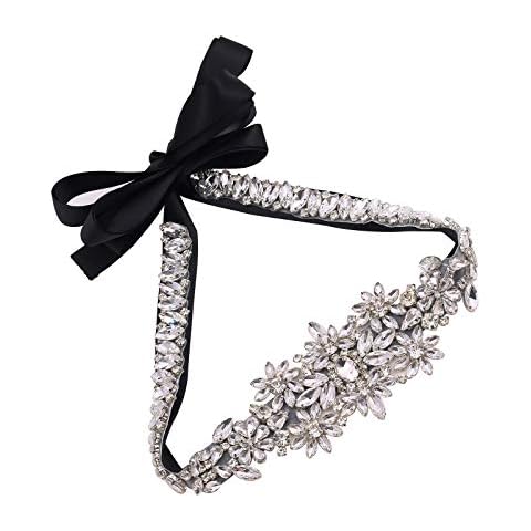 WEZTEZ Women's Rhinestone Wedding Sash Belt Crystal Bridal Belts for Party Prom Evening Dresses Gown (Sliver-black) Cover