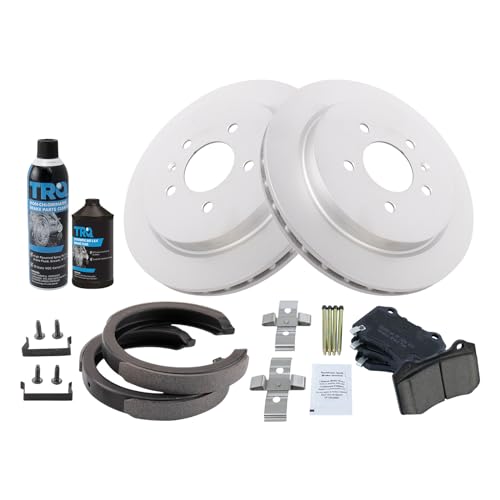 Image of TRQ Rear Brake Pad & Rotor Kit, with Chemical Kit Parking Brake Shoe Set Ceramic Premium G-Coated Compatible with 2006-2008 Cadillac STS