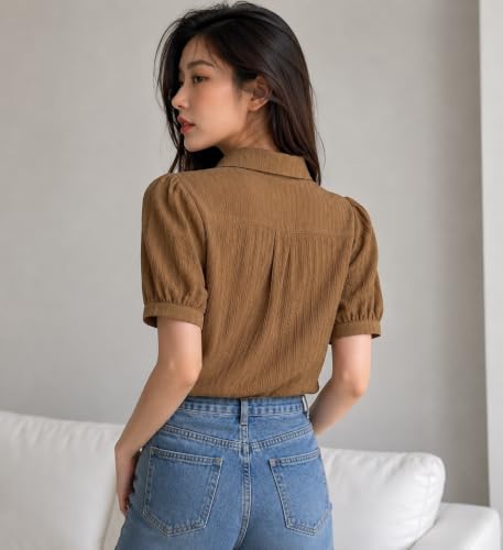 Image of Women's Floral Embroidered Shirt | Elegant Short Sleeve Shirts for Casual & Office Wear | Stylish Summer Button-Down Shirt for Girls & Women