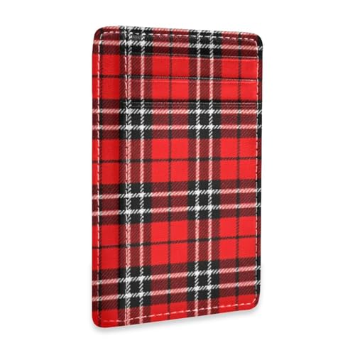 JUZIHAI Red Tartan Pattern Credit Card Holder, Minimalist RFID Blocking Front Pocket Slim Wallet with ID Window Card Case for Men Women