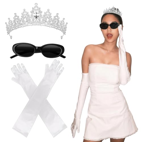Brimekichio White Tiara Gloves Sunglasses Princess Costume Accessories for Women Princess Cosplay Bachelorette Party Decorations 3Pcs