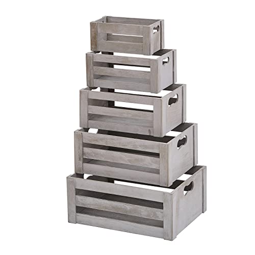 Kmwares Set Of 5 Vintage Rustic White Grey Wood Decorative Nesting Storage Crates With Open Handles - Multipurpose Wood Crafted Boxes/Bathroom Kitchen,Laundry Crates/Fruits & Vegetables Boxes #TOP1