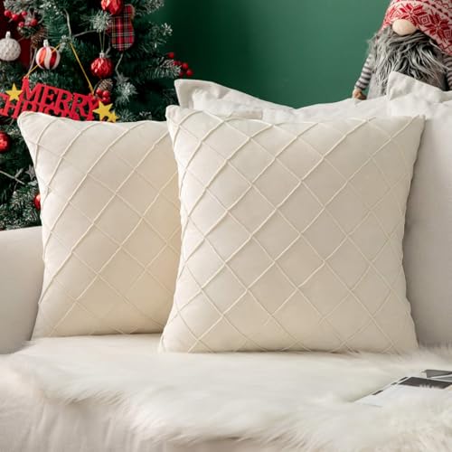 MIULEE Weihnachten 2er Set Samt Kissenbezug Gitter Sofakissen Dekokissen Kissenhülle Kissenbezüge Couchkissen Kissen Samtkissen Weich Einfarbig Zierkissen für Sofa Wohnzimmer 50x50 cm Milchweiß