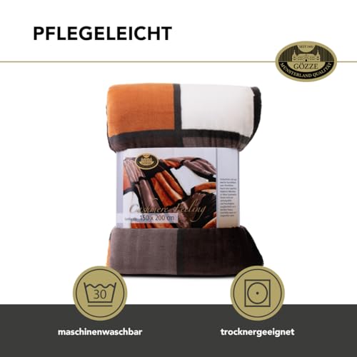 Gözze - Weiche Kuscheldecke, Cashmere Feeling, Hohes Stoffgewicht 500 g/m², Antigua, 150 x 200 cm - Zimt/Schwarz/Weiß
