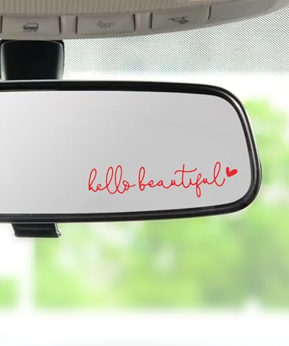 Image of RACOONA Rearview Mirror Decal,Hello Beautiful Decal,Car Accessories Stickers Rearview Mirror Sticker (Red)