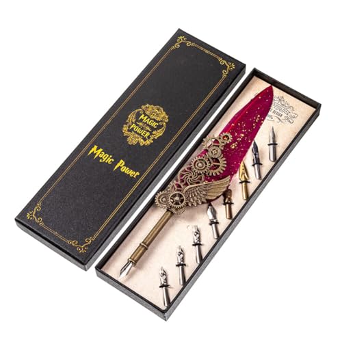 Feather Pen Set,Calligraphy Pen Quill Pen, Dip Pen Ink, 8 Replacement Nibs, Pen Stand Base, Luxury Vintage Signature Pen Writing Pen for Letters Excerpting Homework (Claret)