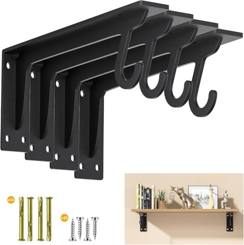 Closet Rod Brackets Heavy Duty Support 400 lbs WYGWP 10 inch Wall Mounted Closet Shelf Brackets with Rod Holder for Home and Closet Decor (4pack Black)