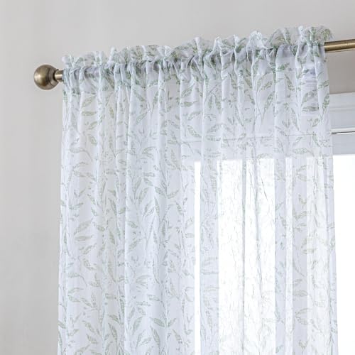 SLEEP ZONE Sheer Curtains for Bedroom Living Room, Floral Printed Sheer Curtains 72 inches Long 2 Panels Light Filtering Farmhouse Window Treatments Drapes with Rod Pocket, 42" W ×72" L, Sage Green - image 1