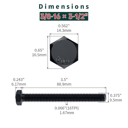 Image of 3 /8-16 x 3-1 /2 inch Hex Bolts with Nuts and Washers (6 Sets), 18-8 (304) Stainless Steel, External Hex Drive, Black Oxide Coated Hexagon Head Bolts Screws, Fayeploo