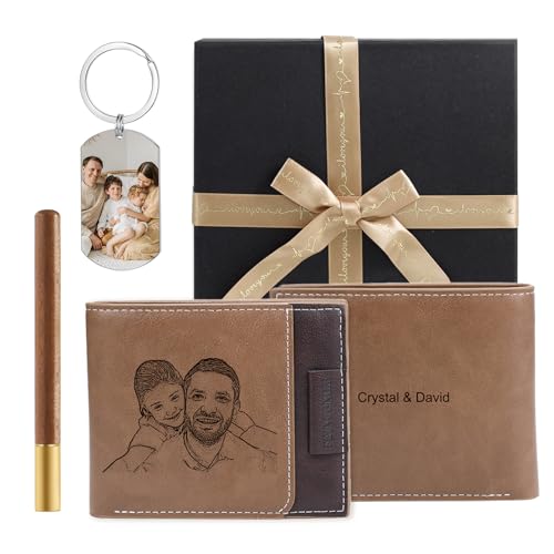 JewelOra Personalized Gifts for Men - Custom Photo Mens Wallet & Keychain Gifts Set for Father's Day - Customized Gift Box for Dad, Husband (Wallet Sets-6)