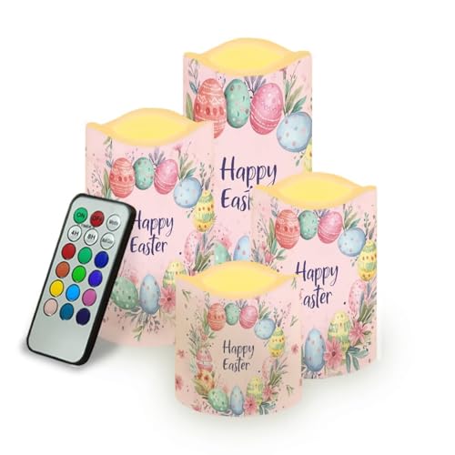Image of Easter Egg and Floral Plastic Flameless Candles with Remote Control and Timer LED Flickering Battery Electric Pillar Candles for Table Easter Decoration