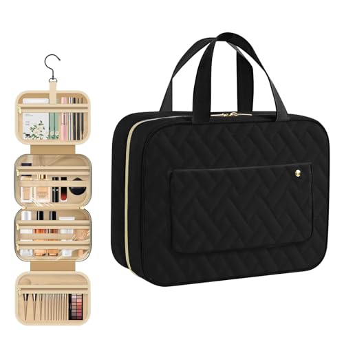 Feirdhoo Trousse de Toilette Femme, Trousse Maquillage Pliable à Suspendre, Vanity Voyage avec Crochet, Pochette Maquillage avec 4 Transparent Compartiments, Toilette...