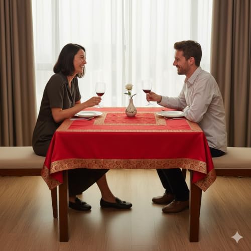 Image of New Year Room Decor Embroidery Brocade Silk Table Cover for Centre & Dinning Table and 4 & 6 Seater Dining Table /Tablecloth, (50 by 50 Inches) (Red)