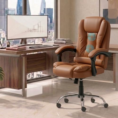 Image of Italia Premium Leatherette Office Chair for Work | Boss Chair, Ergonomic Executive, Luxurious Cushioned Arms & Seat, 2 Point Back Massager, Heavy Duty Metal Base (Mud Brown)