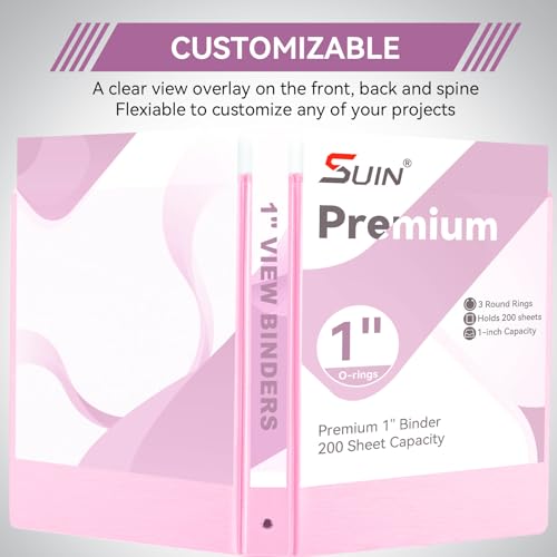 Image of SUIN 1 Inch 3 Ring Binder, Clear 1'' View Presentation Binders with 2 Pockets, Fits 8.5 x 11 Letter Size, Durable Polypropylene, Non-Stick & PVC-Free for School, Office & Home (Brushed Peach Pink)