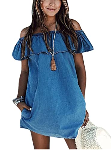 OQC Women's Blue Jean Dress Off Shoulder Ruffle Short Sleeve Loose Denim  Mini Dress with Pocket at Amazon Women's Clothing store
