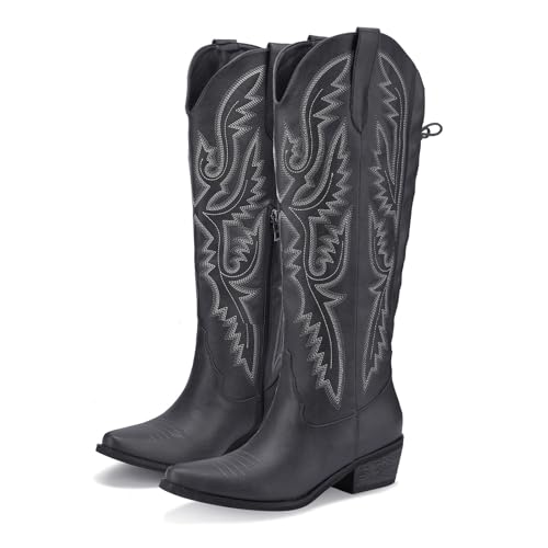 Image of Lace Up Cowboy Boots for Women Embroidered Wide Calf Cowgirl Boots Comfortable Chunky Heel Pointed Toe Trendy Western Shoes for Prom Music Festival