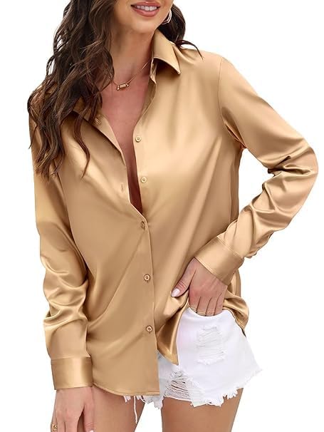 Satin Gold Women’s Casual Shirt – Stylish Solid Gold Top for Casual Wear