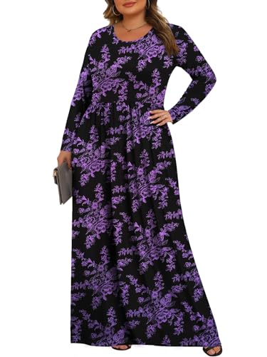 Tencede Womens Plus Size Maxi Dresses Long Sleeve with Pockets Casual Long Dress 1X-5X2