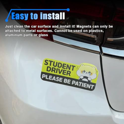 Image of Student Driver Car Magnet, Please Be Patient Reflective Magnetic Sticker, Removable New Driver Magnet Car Bumper Sticker, Cute Cartoon Pattern Safety Warning Sign for New Drivers (Kitten 2)