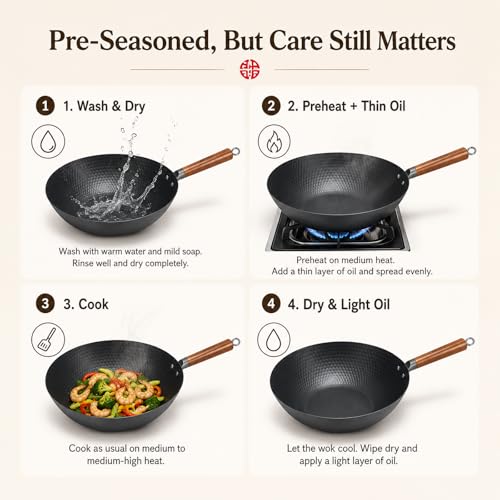 Image of WANGYUANJI Lightweight Carbon Steel Wok Pan with Lid, 12.6 inch Flat Bottom Stir Fry Wok for Induction, Electric & Gas Stoves, 2.9 lb Wok Body, Pre-Seasoned Nitrided Wok, No Chemical Coating