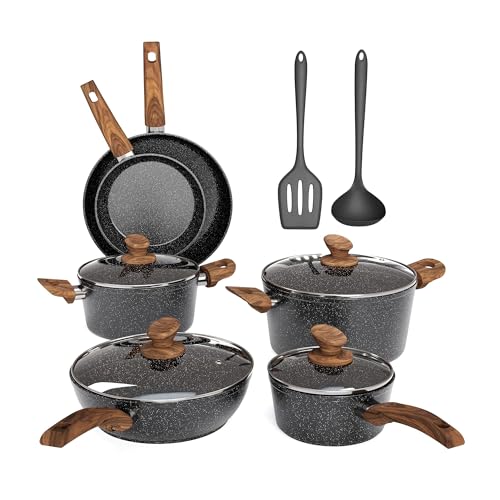 Image of MAISON ARTS 12 Piece Pots and Pans Set, Induction Kitchen Cookware Sets | Black Granite Nonstick Pans Set for Cooking, 100% PFOA & PFAS Free Non-Toxic, Easy to Clean