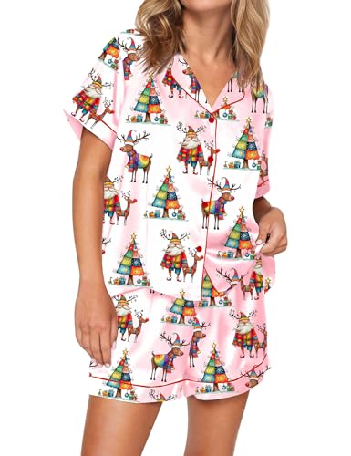 Image of SHESHOW Satin Pajamas for Women Set Preppy Animals Pjs Short Sleeve Shorts 2 Piece Loungewear Sets XS-XXL