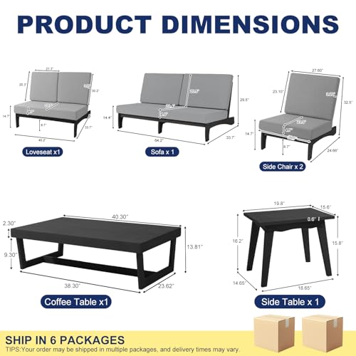 Image of Pia Ricoo 6-Piece Patio Furniture Set, Outdoor Wood Sofa with Loveseat, 2 Chairs, Coffee Table & Side Table, All-Weather Conversation Set for Backyard /Deck /Lawn - Gray /Dark