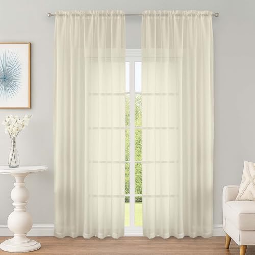 Image of OWENIE Cream Sheer Curtain 90 Inches Long 2 Panels Set, Solid Filmy Drapes for Living Room Bedroom, Elegant Window Voile Sheer Curtain Panels Drapes, 2 Pcs, Each 59 inch Wx90 L Inch